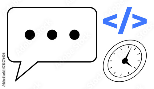 Speech bubble with three dots, coding brackets, and a clock symbolize communication, coding, and time management. Ideal for teamwork, productivity, tech, digital work scheduling software simple
