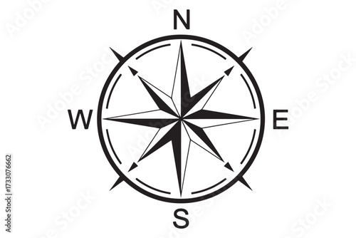 A black and white compass rose isolated on white background, a navigational instrument showing the cardinal directions and intermediate points vector illustration