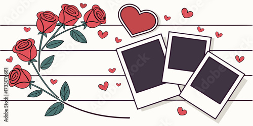 Romantic Imagery: Red roses entwined with a sprig of leaves alongside photo frames, all amidst an array of delicate hearts. This captures the essence of affection and cherished memories.