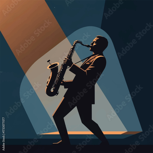 Silhouette of a jazz musician playing saxophone under spotlights.