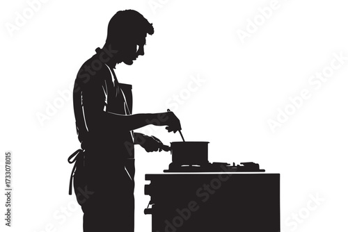 Silhouette of a person cooking isolated on white background, wearing an apron, stirring a pot on a stove, in a kitchen setting vector illustration