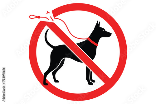 A black dog with a red collar and leash is inside a red circle with a line through it, isolated on white background, indicating no dogs allowed vector illustration