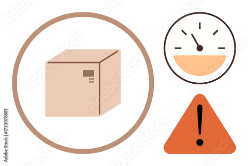 Brown box enclosed in a circle, orange triangular warning sign, and speedometer icon. Ideal for logistics, delivery, caution, shipping, urgency safety protocols time management. Simple flat