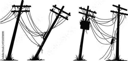 Damaged utility poles, broken power lines, leaning structures, tangled cables, electricity failure, infrastructure collapse, disaster aftermath, silhouette, black, white, transformer