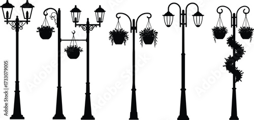 Decorative street lamps silhouette, hanging flower pots, ornate lighting, urban design, city infrastructure, public lighting, landscape detail, garden style, architecture element