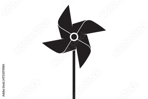 A black and white illustration of a pinwheel isolated on white background, a simple toy that spins when blown by the wind, creating a playful effect vector illustration
