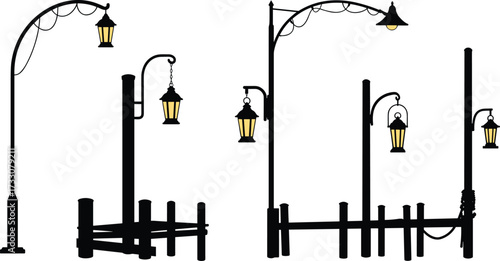 Dockside street lamp silhouettes, nautical lantern posts, vintage harbor lighting, decorative pier lamps, seaside illumination, coastal architecture, marina design, waterfront urban light fixtures
