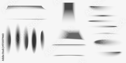Set of transparent shadows. Shadow strips. Realistic shadow effect on a transparent background. Different shapes, page separation vectors. Round and oval, square, rectangular shadows. Vector