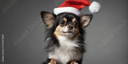Long haired chihuahua wearing santa hat with cute expression. Adorable black chihuahua with white chest and brown eyebrows. Chihuahua alone on a gray background.