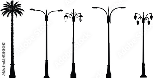Street lamp posts silhouette, modern design, ornate lanterns, palm tree style, decorative lighting, urban infrastructure, city architecture, public lighting, road safety