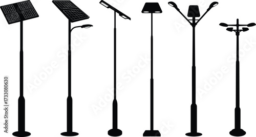 Street light poles, solar panels, modern design, renewable energy, sustainable infrastructure, silhouette, black, white, electricity, urban planning, eco-friendly, technology