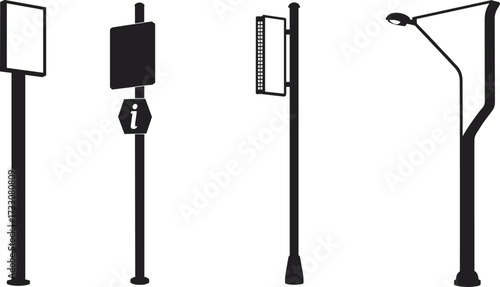 Street poles silhouette, information sign, urban signage, traffic post, city infrastructure, streetlight lamp, navigation guide, public safety, road direction, wayfinding design