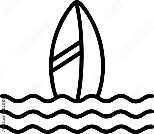 Simple line icon of a surfing board on water.