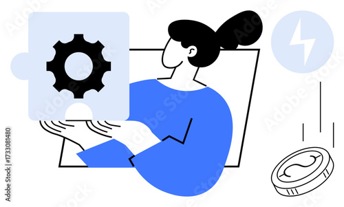 Woman holds gear-shaped puzzle piece, representing strategy, creativity, and teamwork. Coin and energy icon convey efficiency and success. Ideal for business, learning, innovation, teamwork