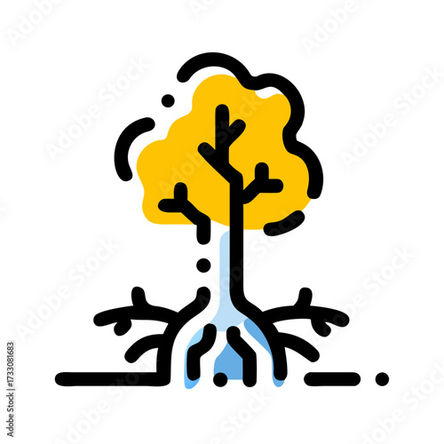 Vibrant yellow tree with detailed roots and abstract water elements symbolizing growth and nature's vitality