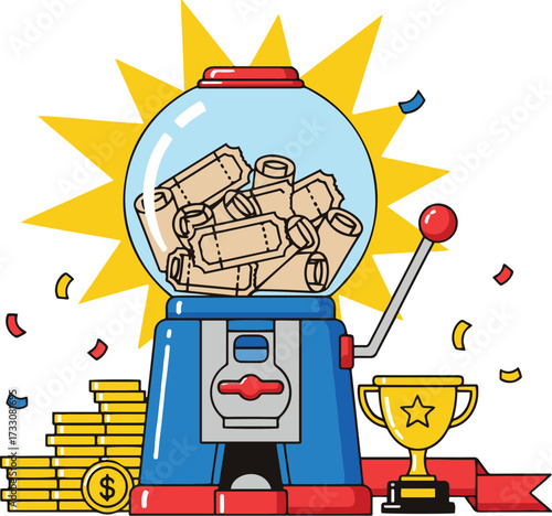 A colorful flat line vector illustration of a gumball machine converted into a raffle or prize drawing machine.