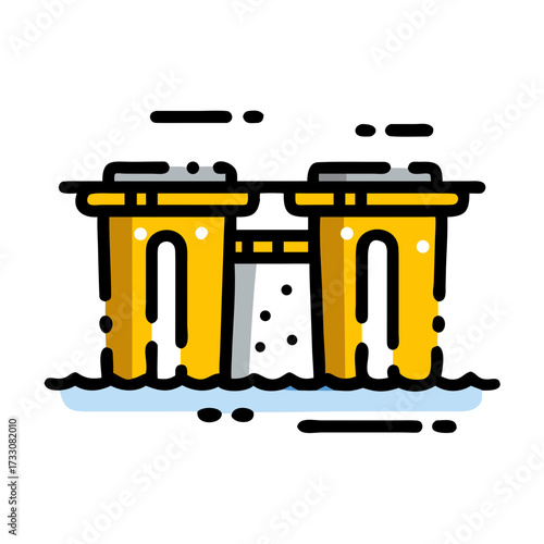 Dynamic modern dam structure generating clean energy with flowing water in an abstract industrial scene