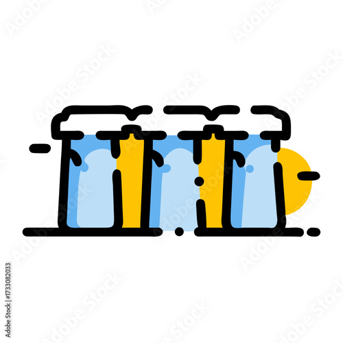 Vibrant graphic of industrial cooling towers with stylized water vapor and sun, representing energy and manufacturing processes.