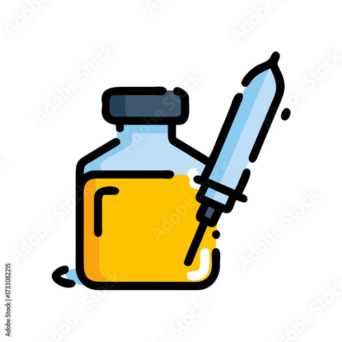 Precise dropper dispensing vibrant liquid from glass vial for scientific research or skincare formulations