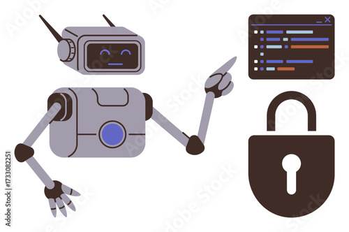 Friendly robot interacting with code window and padlock to emphasize programming, cybersecurity, and digital safety. Ideal for automation, AI, coding, data security, education, innovation simple