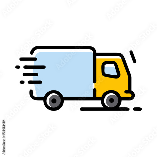 Dynamic yellow delivery truck speeding forward conveying swift logistics and rapid transit for modern shipping needs