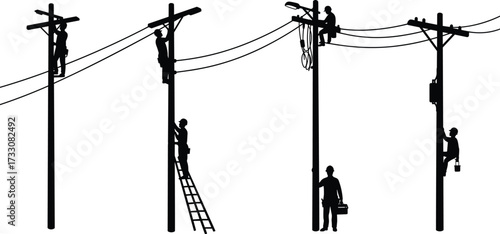 Utility workers silhouette, climbing poles, ladder work, electrical maintenance, telecommunication repair, teamwork, safety gear, infrastructure service, power line, urban construction