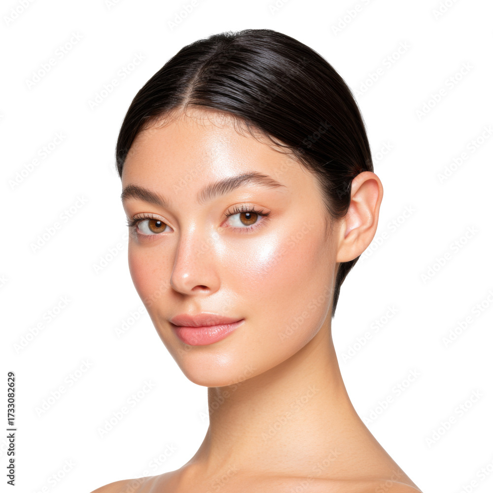 Fototapeta premium Portrait of a young woman with glowing skin and minimal makeup on a clean white background showcasing natural beauty and confidence.