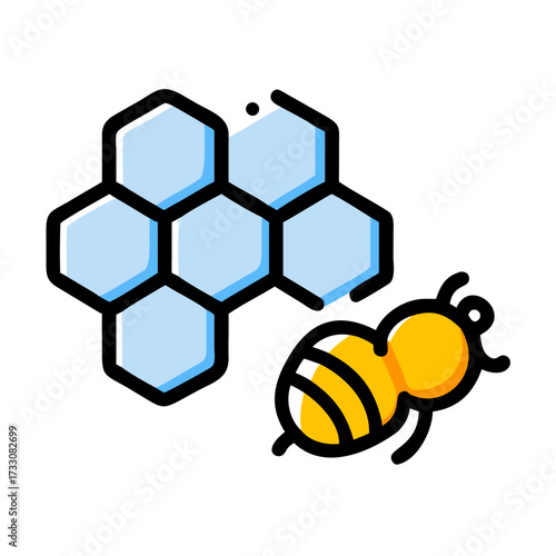 Charming bee diligently works on a light blue honeycomb structure, symbolizing nature's sweetness and industrious effort