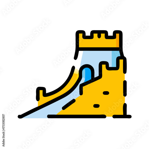 Captivating medieval castle tower with a dramatic water slide cascading down its side, perfect for fantasy adventures and playful designs.