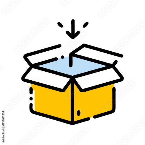 Bright yellow open box with blue interior and descending arrow symbolizing delivery or unpacking, perfect for e-commerce and logistics concepts.