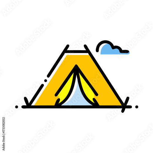 Vibrant yellow tent icon with a whimsical blue cloud evokes adventure and outdoor exploration for camping enthusiasts and travelers