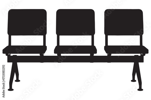 Three black chairs in a row isolated on white background, offering a simple and functional seating solution for waiting areas or public spaces vector illustration