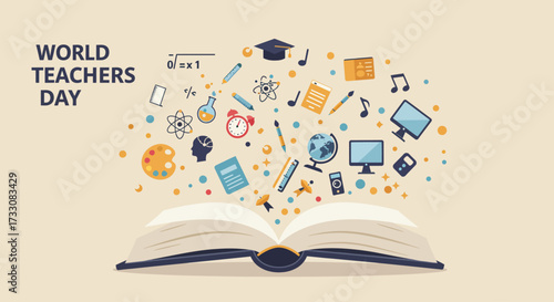 A vibrant flat design illustration symbolizing the vastness and diversity of knowledge that teachers impart, with various subject elements emerging from an open book.