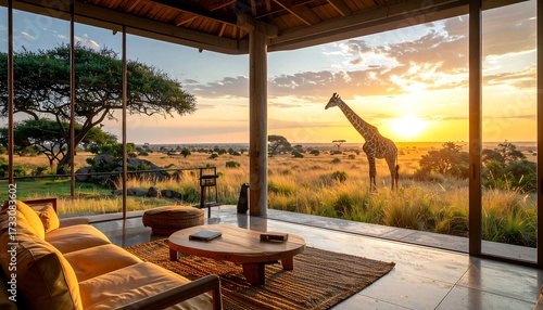 An open-plan living space with stunning views of an African savannah at sunset, a giraffe is in the foreground