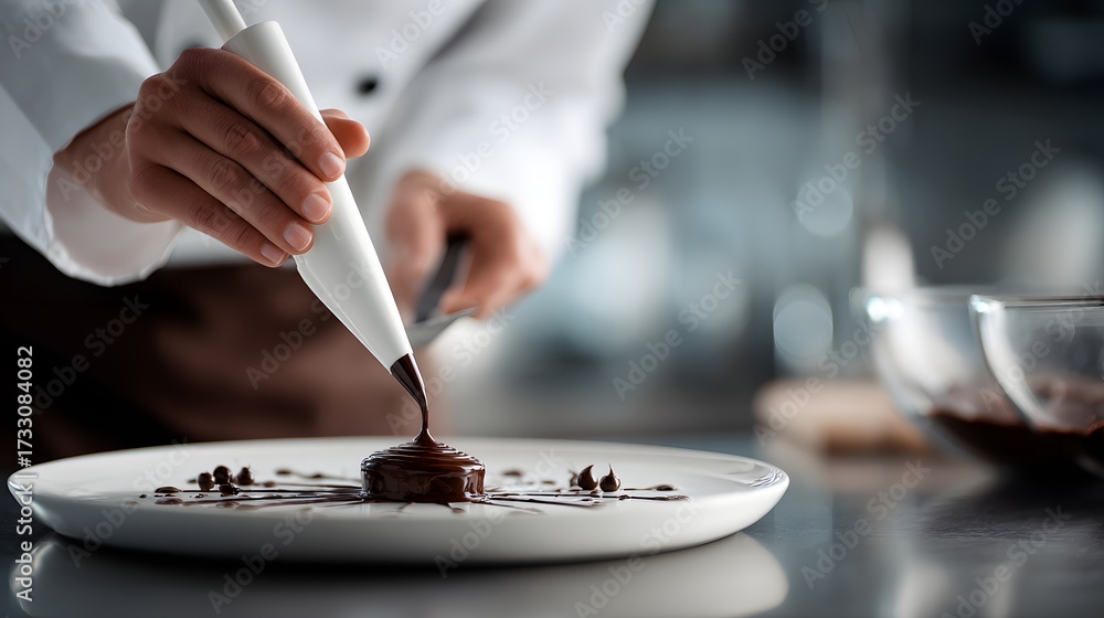Obraz premium Chef using piping bag to decorate chocolate dessert, white plate and elegant background with copy space 