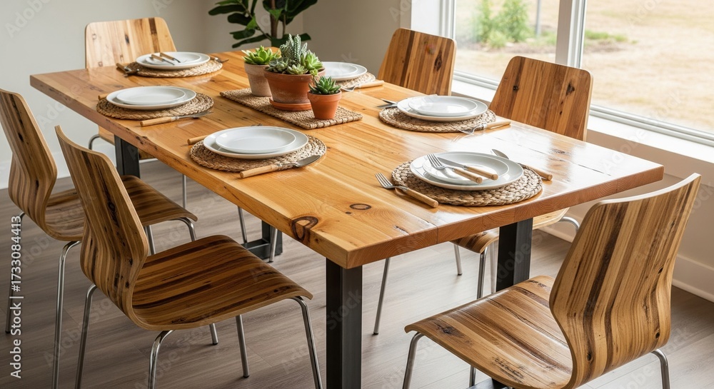 Obraz premium A light wood dining table set with plates and woven placemats