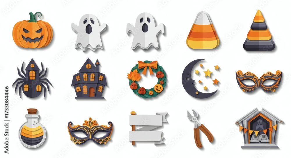 Fototapeta premium Comprehensive Halloween Festival Icon Collection with Spooky Decorations, Sweet Treats, and Festive Masquerade Elements for Holiday Designs