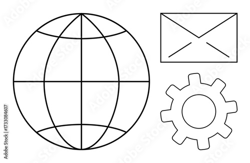 Globe, envelope, and gear outline highlight worldwide connectivity, email exchange, and technical operations. Ideal for communication, networking, globalization, technology collaboration business