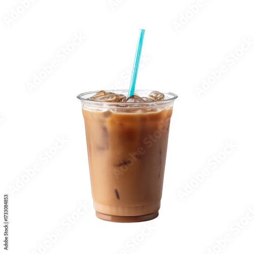 Wallpaper Mural Refreshing Iced Coffee Beverage in Clear Plastic Cup with Blue Straw on White Background Torontodigital.ca