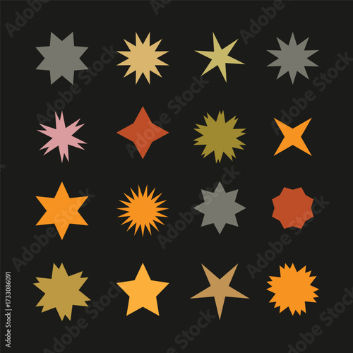 Colorful abstract star shapes and varied geometric burst elements for creative graphic design projects