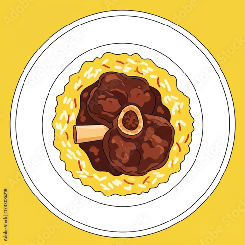 A top-down illustration of a gourmet dish featuring braised meat shank, or osso buco, served over saffron rice on a white plate.