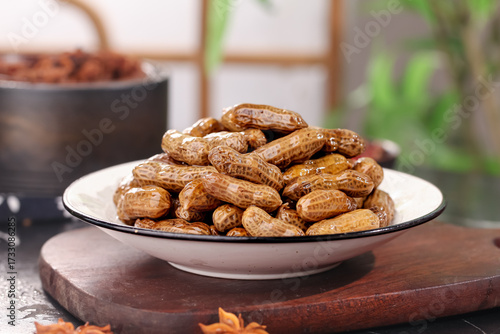 Boiled Peanuts in Brine - Traditional Spiced Snack Food on Wooden Serving Board