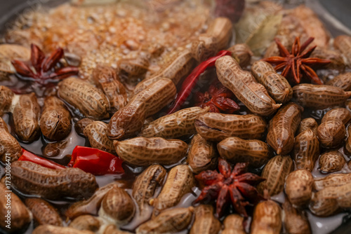Spiced Boiled Peanuts with Chili and Star Anise in Traditional Asian Marinade