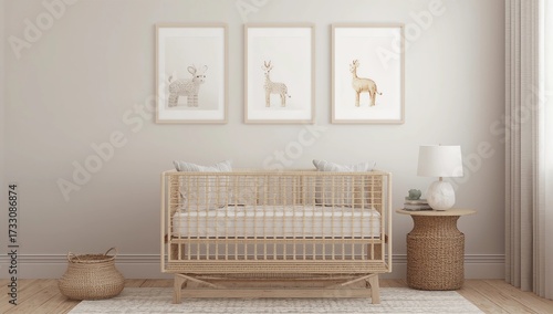 Mock up frame in children room with natural wooden furniture, Farmhouse style interior background, 3D render