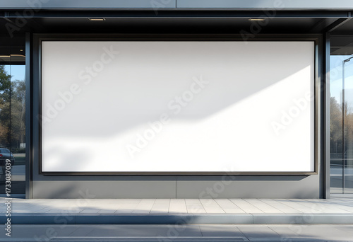 Vertical billboard mockup, brushed aluminum extrusion frame 40 mm, poster vinyl 0.25 mm matte laminated, size 1000×1600 mm portrait, installed on concrete pavement at bus stop, background with cars 