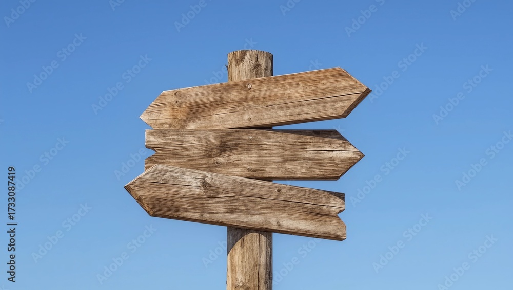 Fototapeta premium Wooden sign post isolated on blue sky with white clouds. Direction concept. Mock up, template 