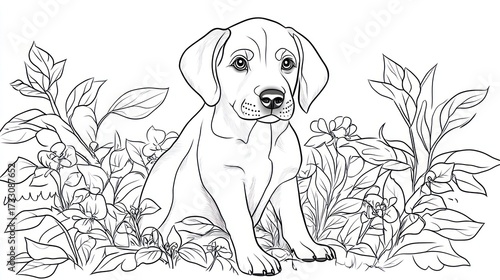 Wallpaper Mural Line art illustration of a young dog amidst flowers and foliage elements Torontodigital.ca