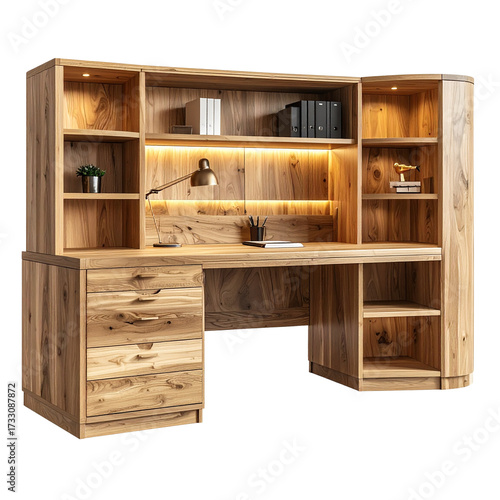 Modern Minimalist Wood Office Desk with Hutch, Angled Side View, Transparent Background