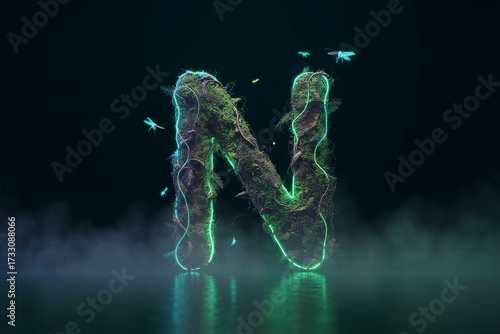Abstract glowing letter n with organic texture and smoke effects