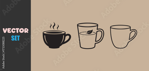 Set of three hand drawn coffee cups with steam and coffee beans